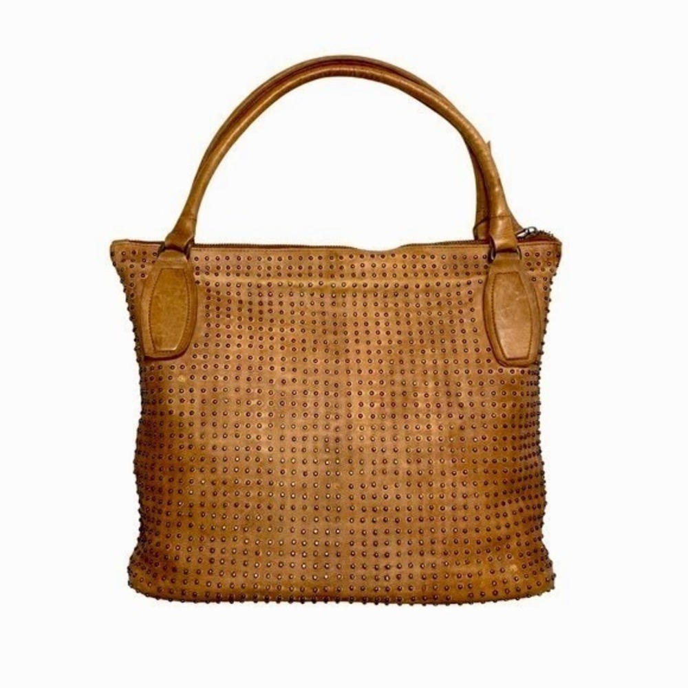 Platania Tote Shoulder Bag Brown Leather Studded Handles Made In Italy